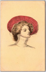 Elegant Woman Pretty Face Wearing Red Hat Portrait Postcard