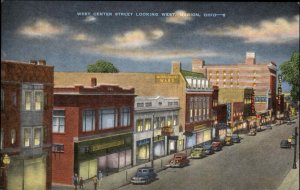 Marion Ohio OH West Center St Classic Cars at Night Linen Postcard