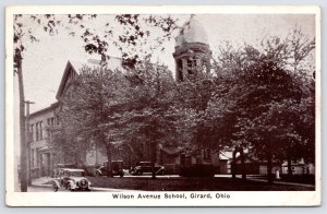 Girard Ohio~Open Air Belltower @ Wilson Ave School~1920s Cars B&W Postcard