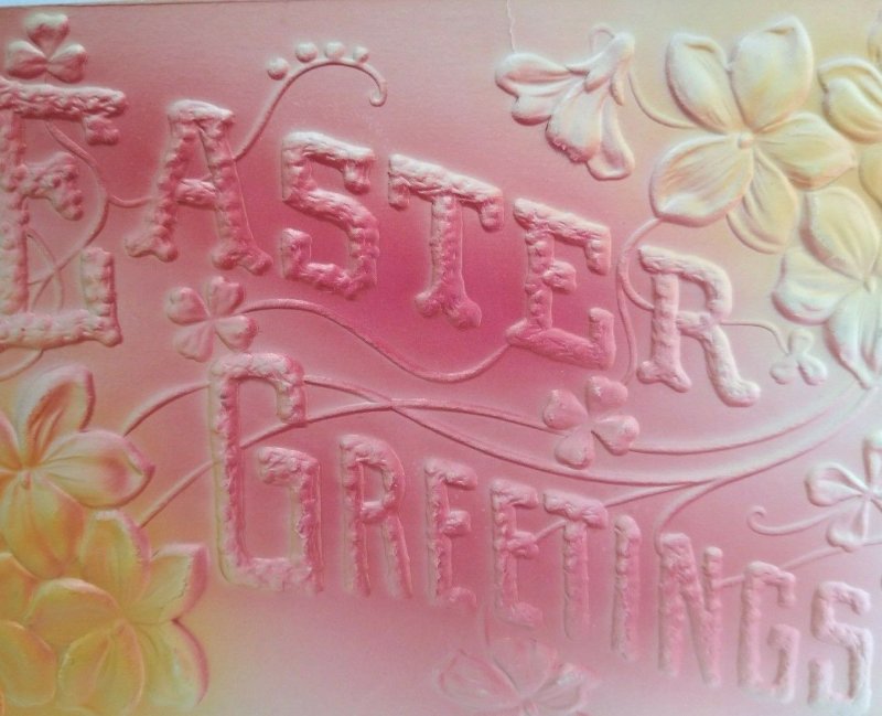 Easter Greetings Postcard Big Deep Embossed Letters Flowers Airbrushed Vintage 