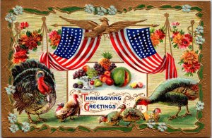 Patriotic US Flags Turkeys Fruit Flowers gold embossed Thanksgiving Postcard DB