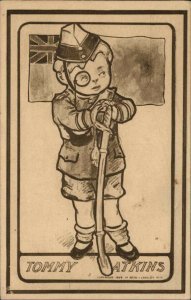 Little Boy as British Soldier Sword Monocle Tommy Atkins c1910 Vintage Postcard