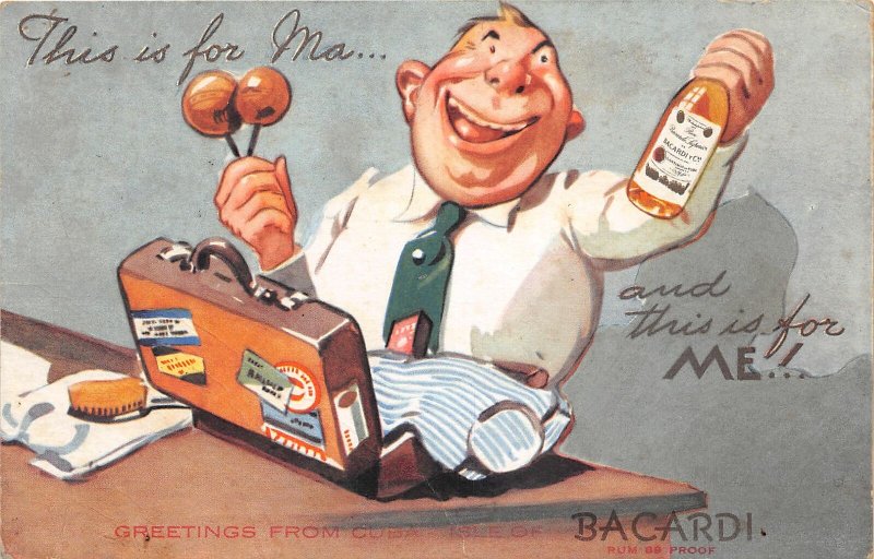 G19/ Interesting Postcard Bacardi Rum Advertisement Suitcase Man Cuba c20s