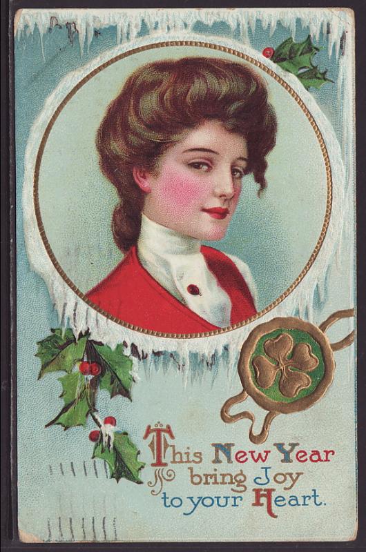 This New Year,Woman,Four Leafed Clover Postcard