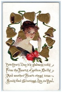 1912 New Year Girl Gold Bells Embossed Princeton Illinois IL Antique Postcard 