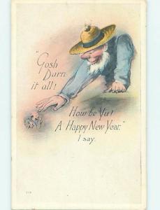 Unused Divided-Back new year OLD MAN IN STRAW HAT o4729