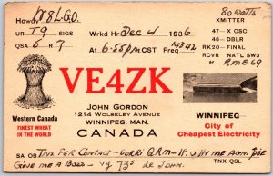 1936 QSL Radio Card VE4ZK Western Canada Amateur Radio Station Posted Postcard