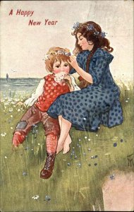 New Year Sister Puts Flower Crown in Little Brother's Hair c1910 PC