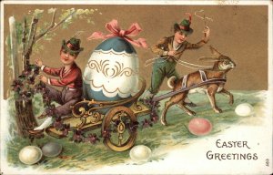 Easter Fantasy Children Rabbit Drawn Wagon Decorated Egg c1910 Postcard