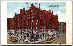 Cartão postal vintage Minneapolis Minnesota, 1917 West Hotel Building, Street Corner-