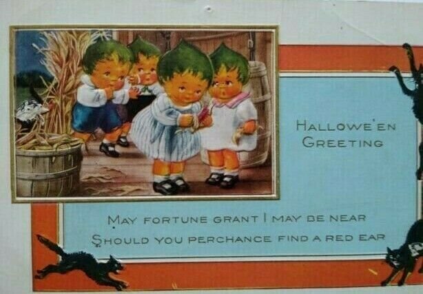 Halloween Postcard Whitney Pixies Green Hair Fantasy Children Black Cats Border