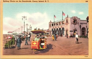 Postcard NY Coney Island Rolling Chairs on Boardwalk Beach LINEN 1940s V191