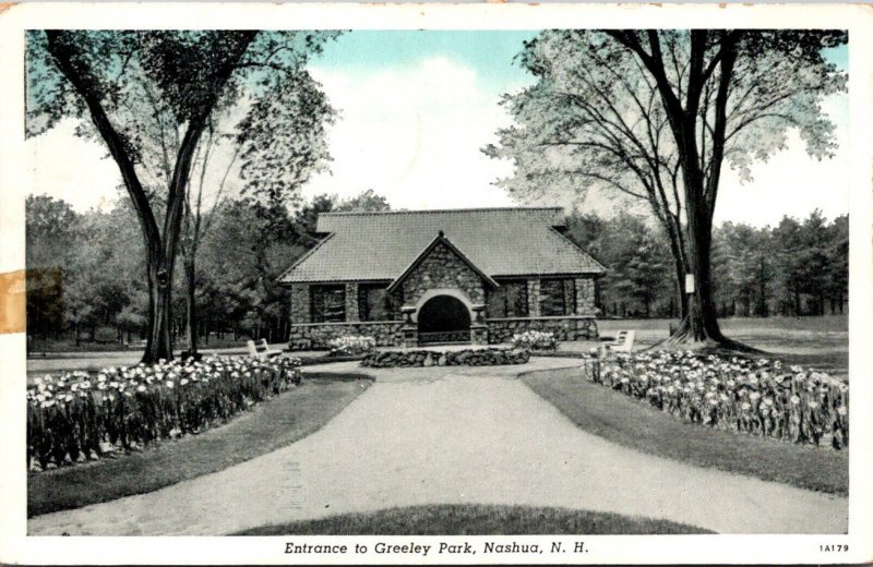 New Hampshire Nashua Entrance To Greeley Park 1941 Curteich