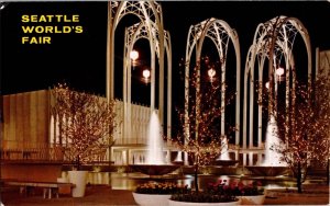 c1962 Seattle World’s Fair U.S. Science Pavilion By Night Washington WA Postcard