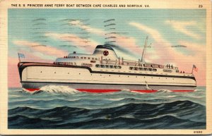 Vtg SS Princess Anne Ferry Boat Between Cape Charles & Norfolk Virginia Postcard