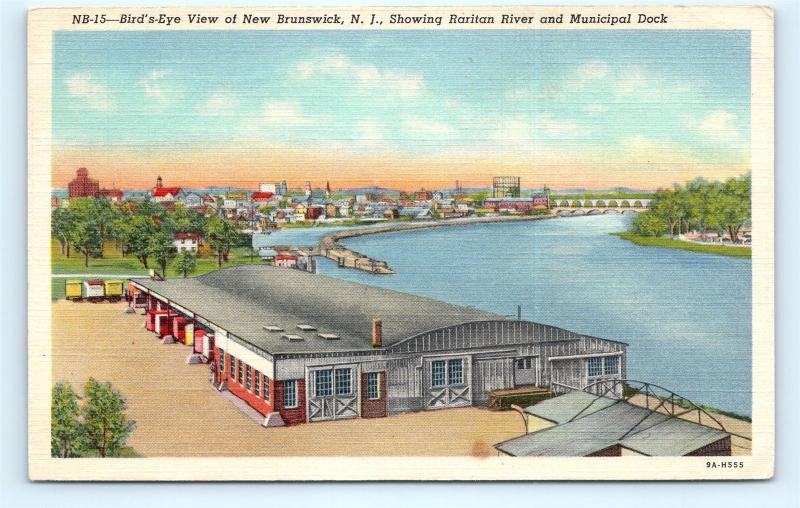 Postcard NJ New Brunswick Bird's Eye View Raritan River & Municipal Dock I1