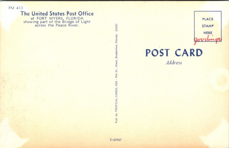 United States Post Office Fort Myers Florida Fl Bridge Peace River Postcard 