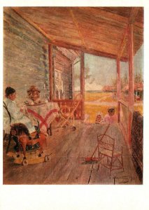 VINTAGE CONTINENTAL SIZE POSTCARD EASTERN EUROPE ART ON A CARD - SEWING ON PORCH