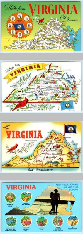 4 Postcards GREETINGS from VIRGINIA Old Dominion ILLUSTRATED MAPS c1960s 