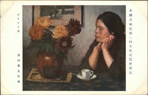 Japanese Woman At Table Tea & Flowers Still Life Art c1915 Postcard