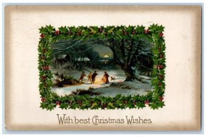 1910 Christmas Wishes Holly Berries Winter Dog Embossed Long Branch NJ Postcard