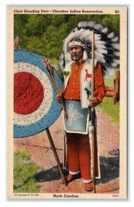 CHEROKEE INDIAN RESERVATION, NC ~ Chief STANDING DEER  c1950s Linen Postcard