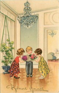 Artist impression Girls giving flowers Happy Birthday Postcard 21-3594