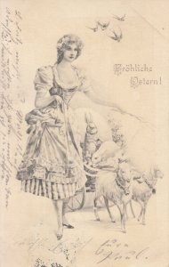 Easter greetings 1902 fantasy postcard drawn lady rabbit lamb cart swallow birds 