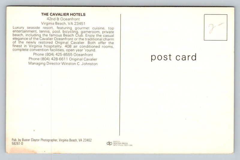 Virginia Beach  Virginia   The Cavalier Hotels   Postcard