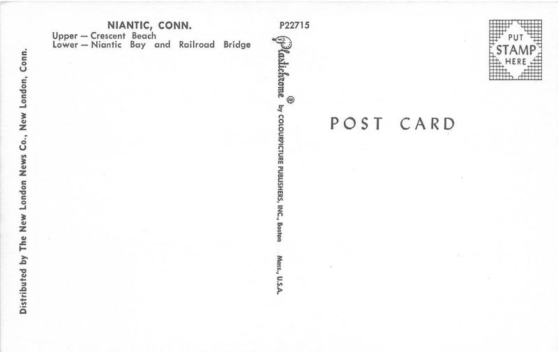 Niantic Connecticut~Crescent Beach Scene~Niantic Bay & Railroad Bridge~c1950s PC