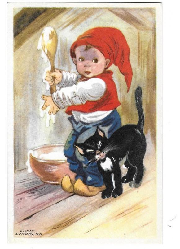 Little Boy and Black Cat Signed Lucie Lundberg Printed in Sweden