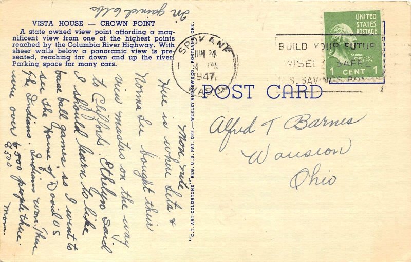 Columbia River Highway Oregon 1947 Postcard Vista House