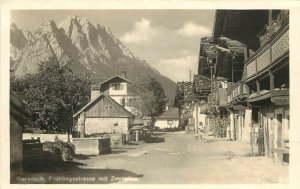 Vintage RPPC Street Scene Garmisch, Fruhlingstrasse & Zugspitze Germany