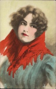 Beautiful Woman Red Scarf Tinted Real Photo A/S Fettari Vintage Postcard