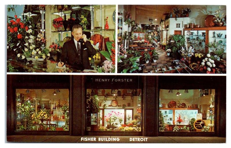 1950s/60s Henry Forster Florist, Fisher Building, Detroit, MI Ad Postcard