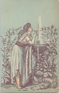 Charming Antique Victorian Trade Card - Lovely Lady Drinking from a Fountain