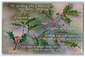 1909 Christmas Poem Message Holly Berries Schenectady New York NY Postcard 