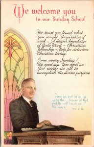 VINTAGE POSTCARD TYPICAL 1950s WE WELCOME YOU TO SUNDAY SCHOOL