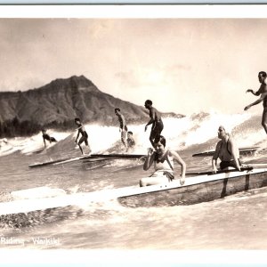 c1940s Waikiki, Honolulu, Hawaii RPPC Surf Riding Surfing Postcard Canoe HI A160