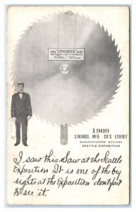 SEATTLE, WA ~ AYPE EXPO 1909 Simonds Mfg. Co. Postal de exposición HOJA DE SIERRA GIGANTE-