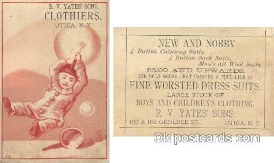 R.V. Yates Sons Clothiers, Utica NY, USA Trade Card Approx Size Inches = 3 x ...