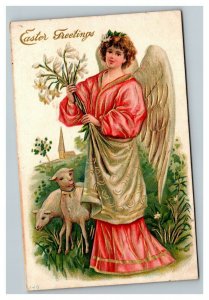 Vintage 1910's Easter Postcard Beautiful Angel Holding White Flowers Cute Lambs