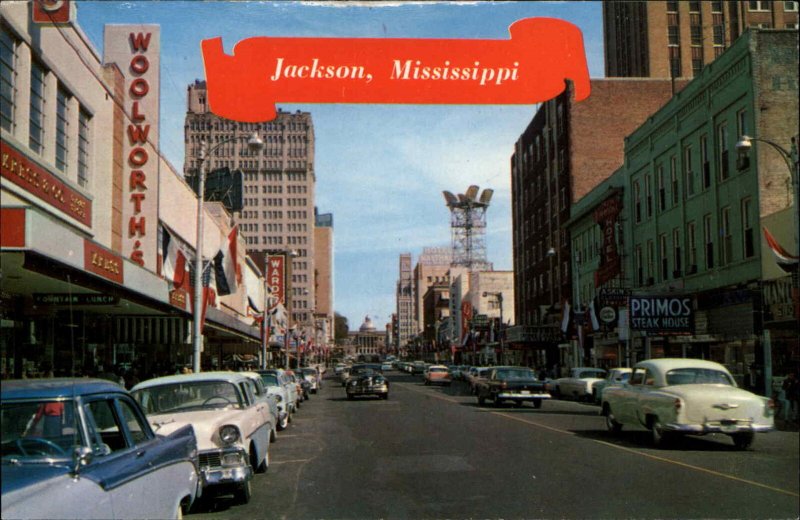 Jackson Mississippi MS Classic 1950s Cars Street Scene Vintage Postcard