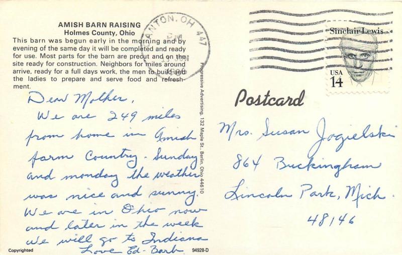 Amish Barn Raising Holmes County Ohio OH pm 1986 Postcard