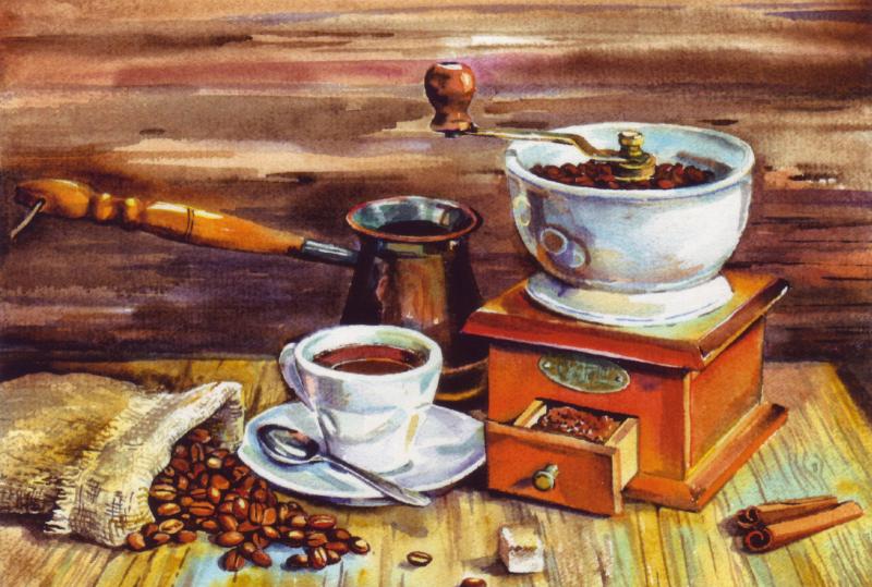 TEA PARTY TIME. A CUP of COFFEE grinder mill jezva beans ART Modern Postcard