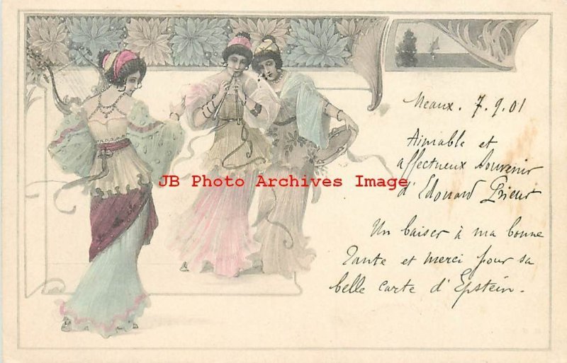 Art Nouveau, M Munk, Gypsy Women Playing Harp, Flute & Tambourine, 1901 PM