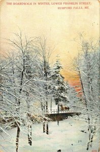 RUMFORD FALLS MAINE~BOARDWALK SNOW WINTER SUNSET-LOWER FRANKLIN ST~1912 POSTCARD