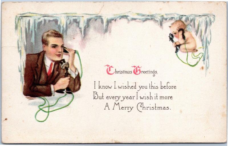 Christmas Greetings - On the phone baby angel L & E N Y Series - Posted 1918