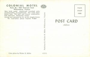 Williamsburg Virginia 1950s Postcard Colonial Motel