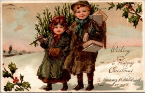 Postcard Unsigned Clapsaddle Christmas Children Presents & Hand Muffs 1906 M38